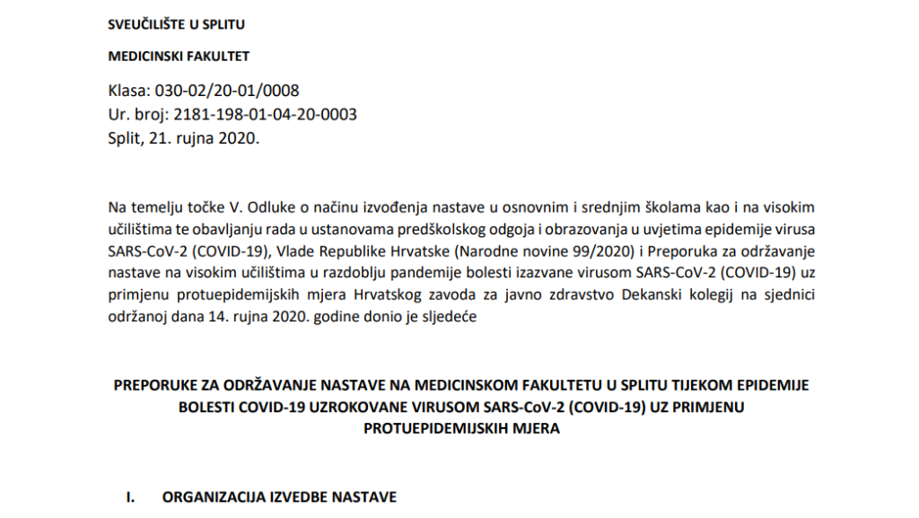 Preporuke za održavanje nastave na Medicinskom fakultetu u Splitu